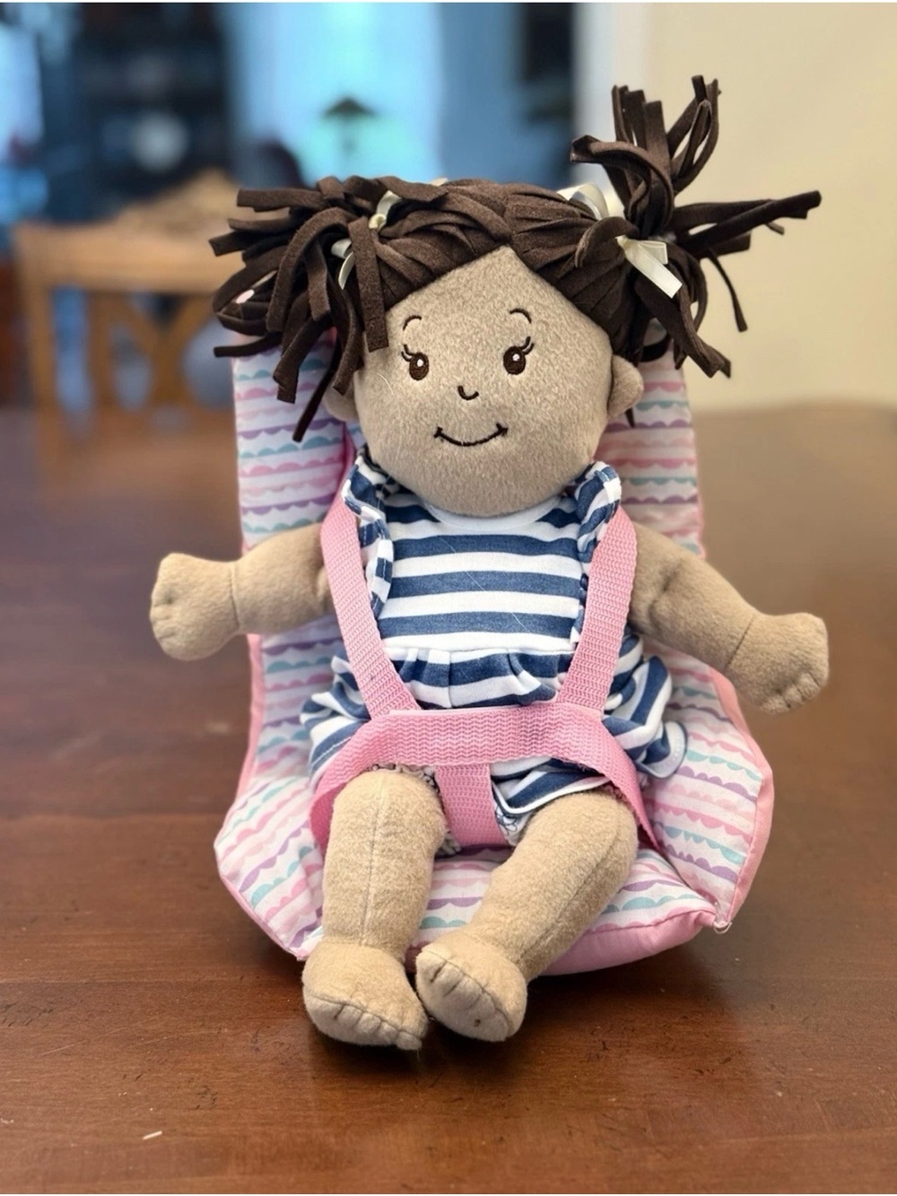 Manhattan Toy Baby Stella 15” Soft Doll Brown Pigtails + Pink Bouncy Chair